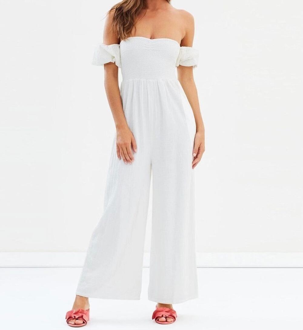Steele White Off Shoulder Smocked Wide Leg Jumpsuit Women’s Boho Cotton